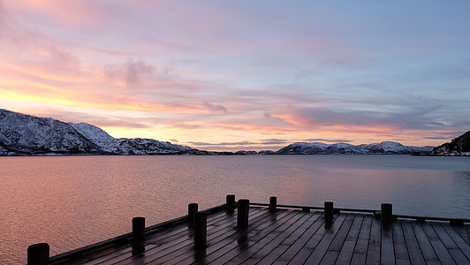 soumraku, Zimní, krajina, jezero, lauklines kystferie, pohled, Tromso
