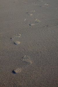 zand, voetafdruk, strand, sporen in het zand, voetafdrukken, herdruk