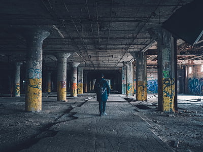 abandoned, building, male, person, pillars, men, people