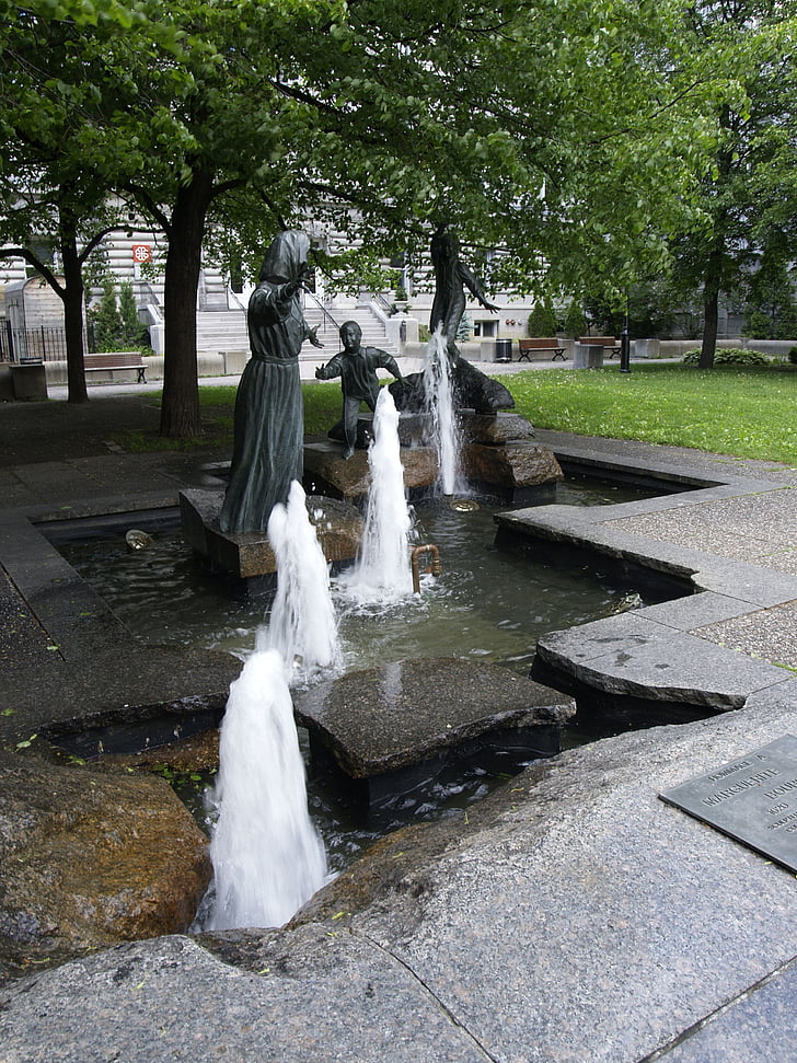 park, fountains, spout, water, pathway, statues, figures