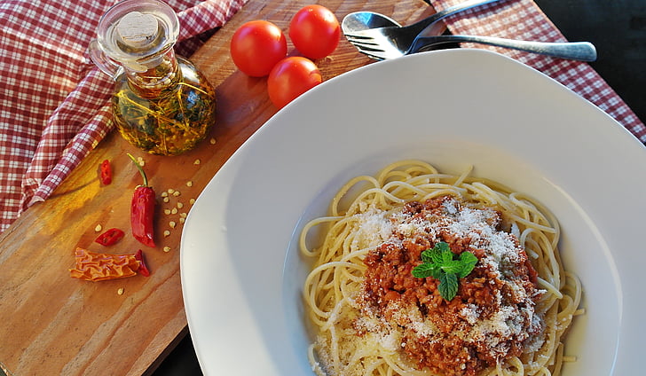 Spaghetti, mie, Bolognese, saus daging, daging cincang, daging, Makanan