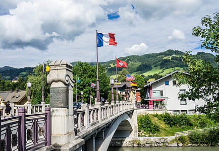 Österrike, St johann, Bridge, flaggor, Europa, resor, arkitektur