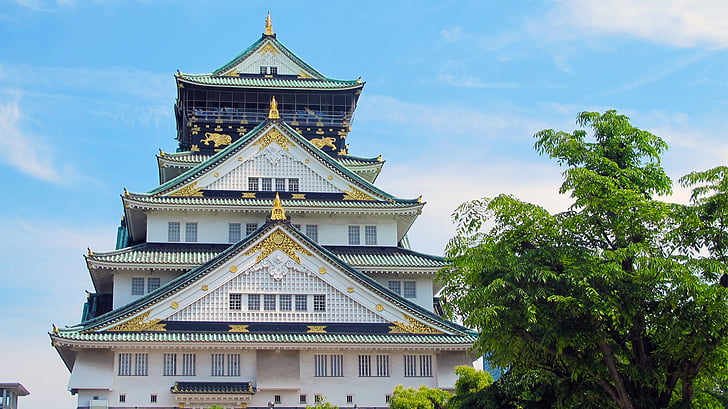 Osaka castle, Japan, fem, Osaka, vartegn, asiatisk stil, arkitektur