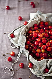 red, cherries, white, textile, fruits, healthy, food