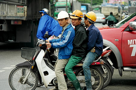 mężczyźni na rowerze, Wietnam, Azja, Ulica, ruchu, pojazd, pracowników
