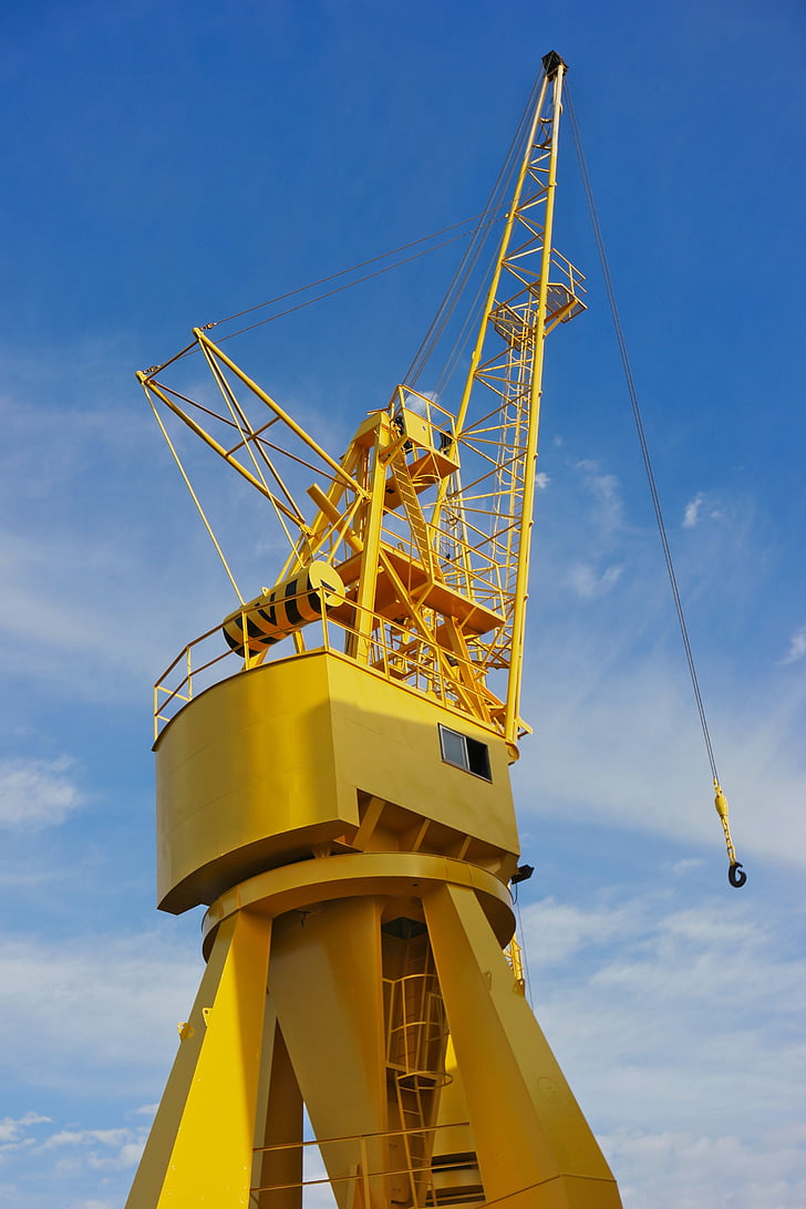 crane, port, maritime, container, transportation, yellow, load