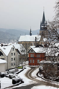 Inverno, neve, paisagem urbana, edifício, Igreja, campanário, estrada