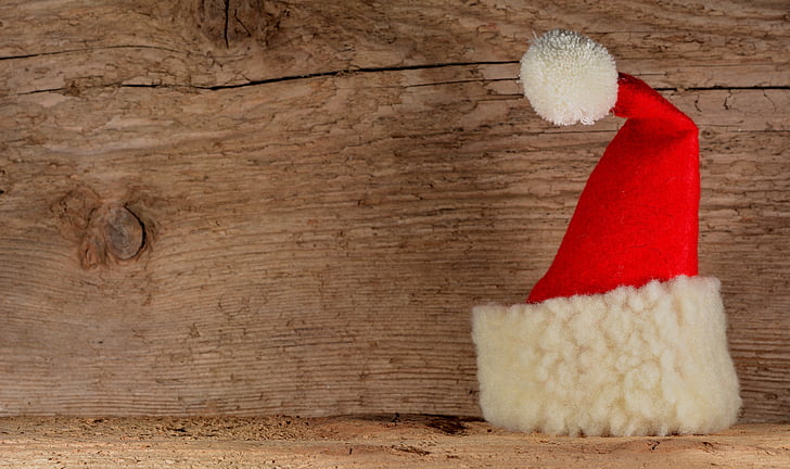 Santa hat, drewno, tło, Boże Narodzenie, Adwent, tkaniny, art deco