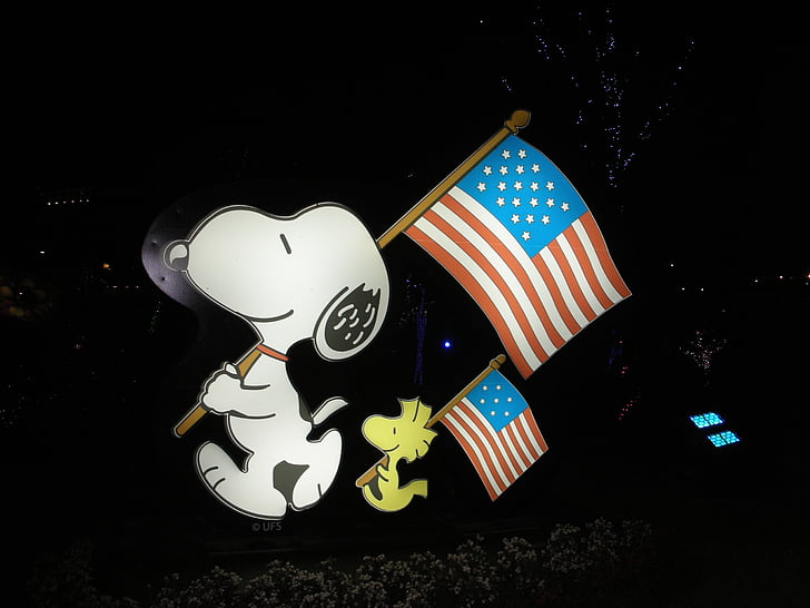 Snoopy, Woodstock, bandera americana, Patriòtica, patriotisme, dibuixos animats, figures