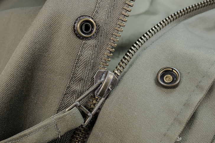 zip, lukning, hack, detaljer, jakke, oliven, kraveknapper