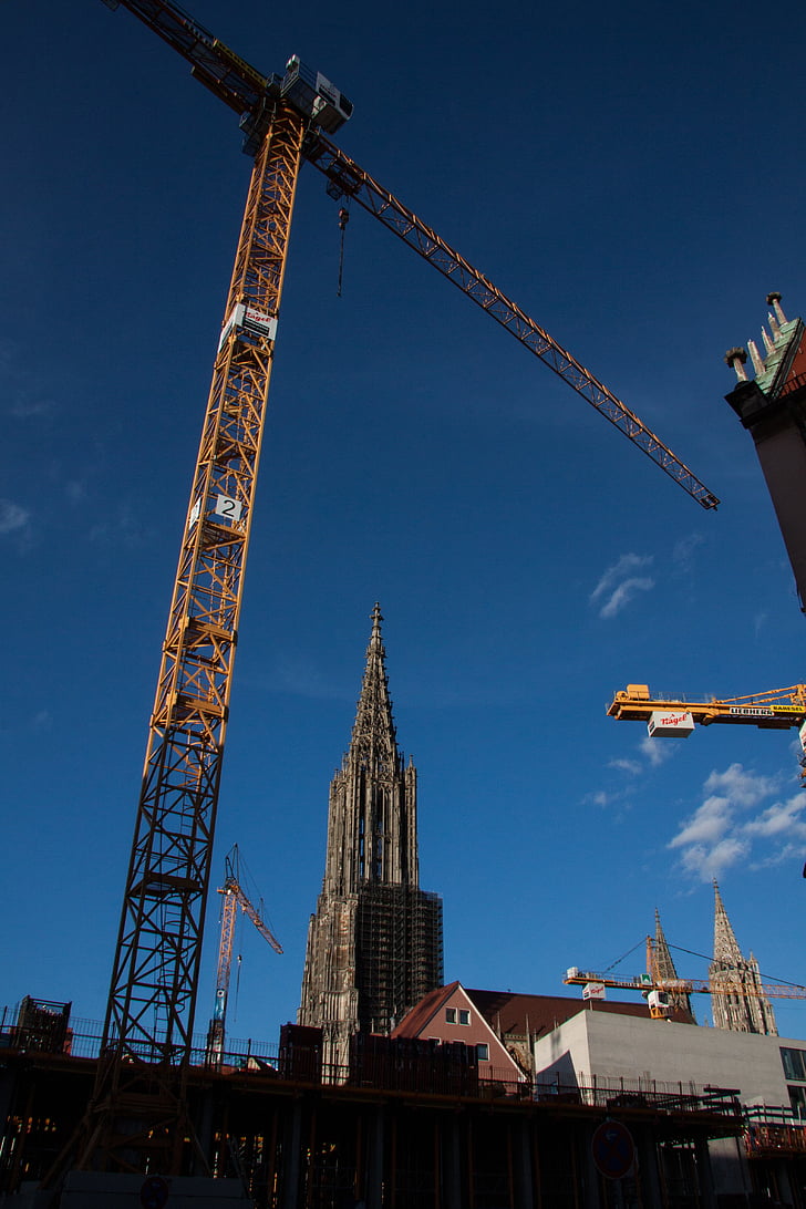 site, cranes, sky, blue, construction, münster, ulm cathedral