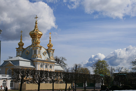 Istana, hiasan, Taman, langit, awan, Peterhof