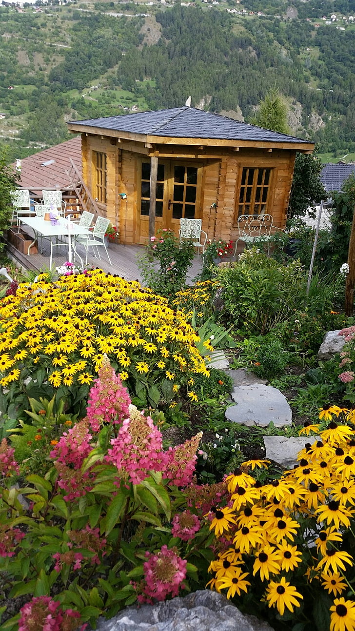 garden hut, summer flowers, garden, yellow, flowers, wooden house, cottage