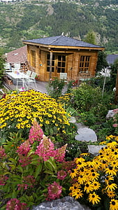 cabana jardim, flores de verão, jardim, amarelo, flores, casa de madeira, casa de campo