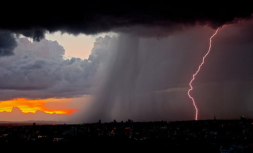 photography, lightning, bolt, golden, hour, city, cloud
