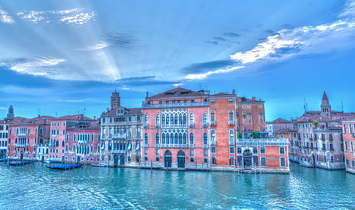Venedig, Italien, arkitektur, solens strålar, moln, Grand canal, Europa