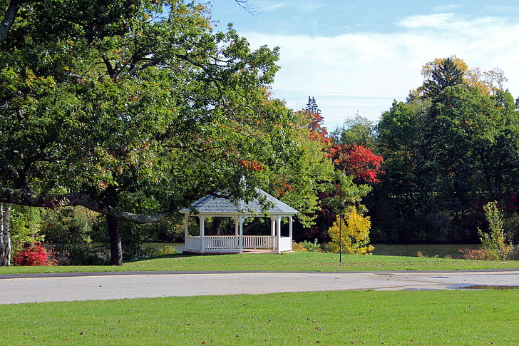 lusthus, Providence, Rhode island, botaniska center, vit, träd, sommar