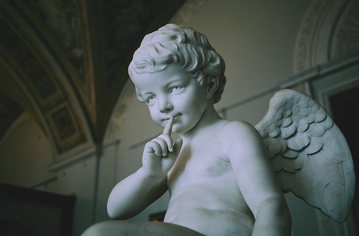 sculpture, angel, boy, statue, stone, wing, religious