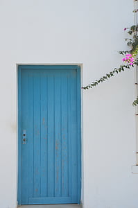 ประตู, สีน้ำเงินขาว, กรีซ, บ้าน, สีฟ้า, สีขาว, ดอกไม้