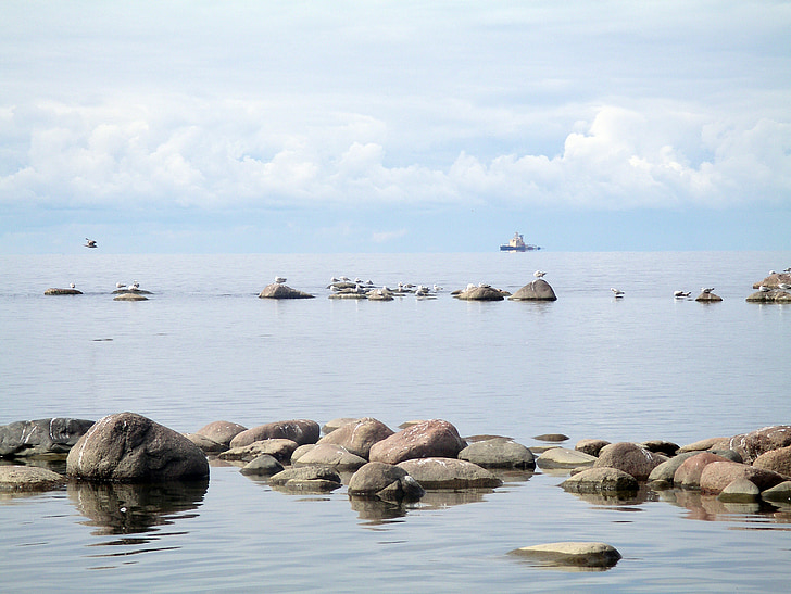 Golf de Finlàndia, Mar, pedres, horitzó, un vaixell a l'horitzó, Romanç, Mar Bàltic