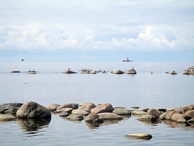 gulf of finland, sea, stones, horizon, a ship on the horizon, romance, the baltic sea