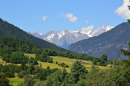 Sautens, Imst, nyári, hegyek, erdő, Tirol, hegyi