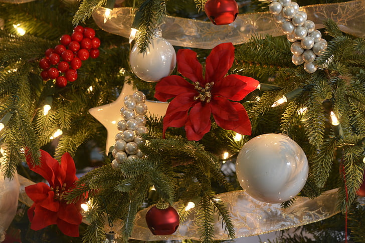 Kerst, kerstboom ornamenten, of, decoratie, kerstboom, vrolijk kerstfeest, verlichting