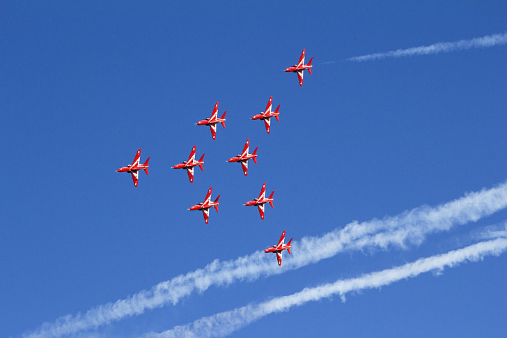 rojo, flechas, Royal Air Force, Jet, plano, aire, Mostrar