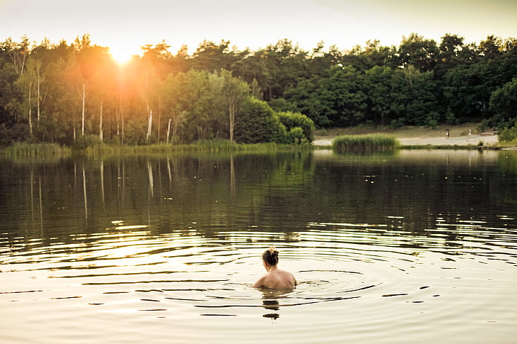 persoon, Lake, in de buurt van, groen, gras, bomen, zonsondergang