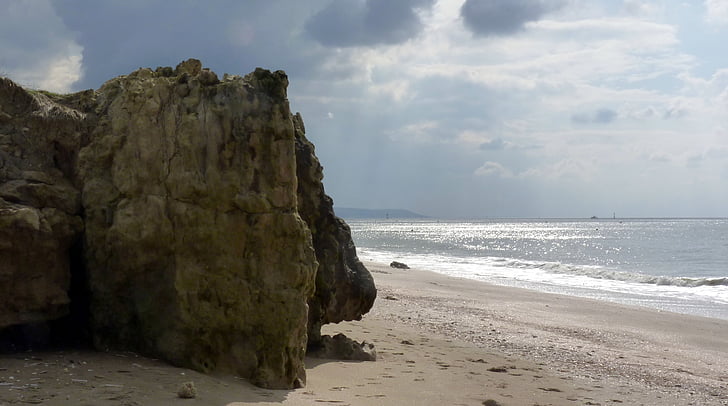 Beach, pesek, rock, morje, nebo, oblaki