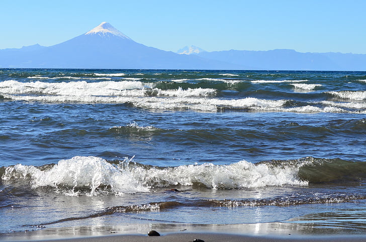 paysage, Lac, vagues, volcan, Chili, Osorno