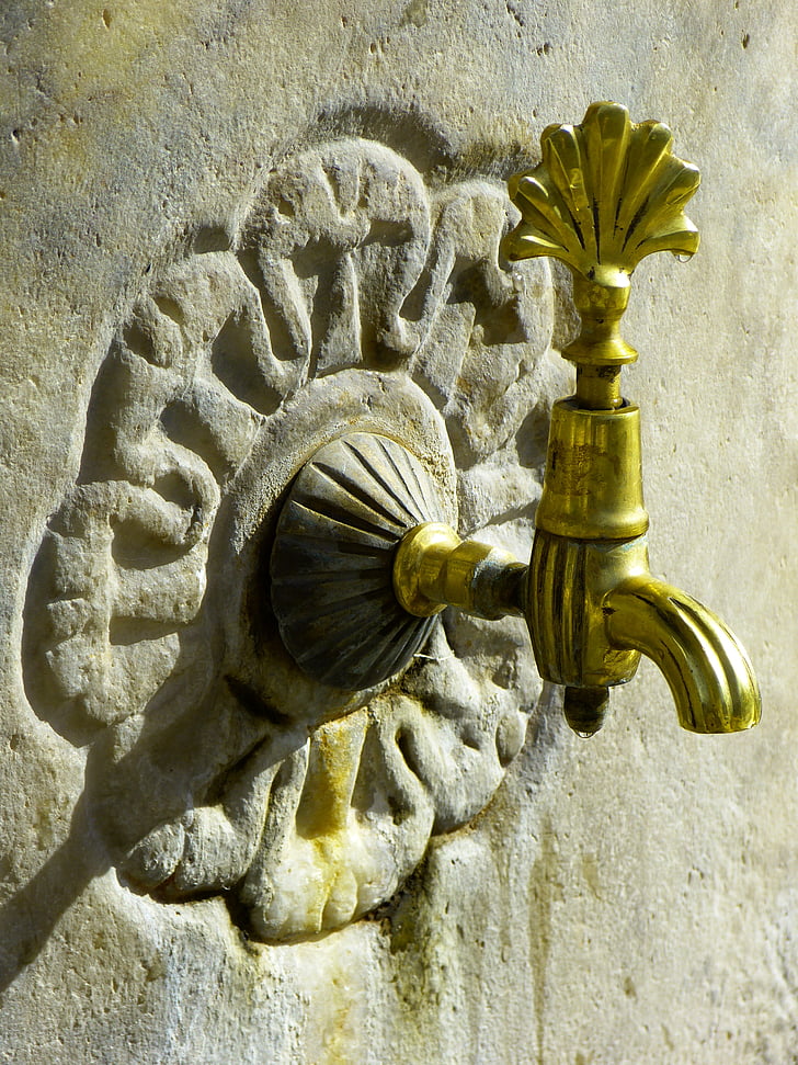 faucet, water, golden, old, architecture