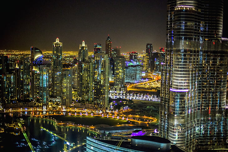 grad, Dubai, noć, Hotel, arhitektura, Gradski pejzaž, putovanja