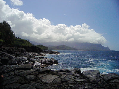 Hawaje, Ocean, chmury, niebieski, niebo, Brzeg, skały wulkaniczne