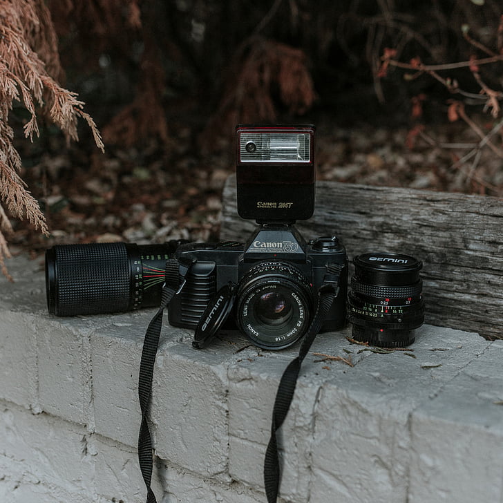 kamera, Canon, Vintage, lensa, Flash, batu bata, daun
