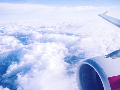 avião, modo de exibição, céu, nuvens, azul, Branco, luz