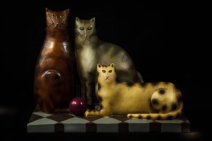 gatos, felinos, brinquedo, madeira entalhada, estatueta, olhos de gato, gatos de casa