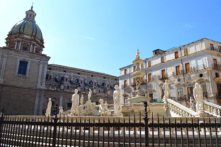 Palerme, Sicile, Fontana, Fontan pretoria, monument, Centre ville, Piazza