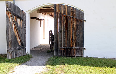 puerta con bisagras, madera, objetivo, entrada, puertas de madera, arco de medio punto, puerta doble