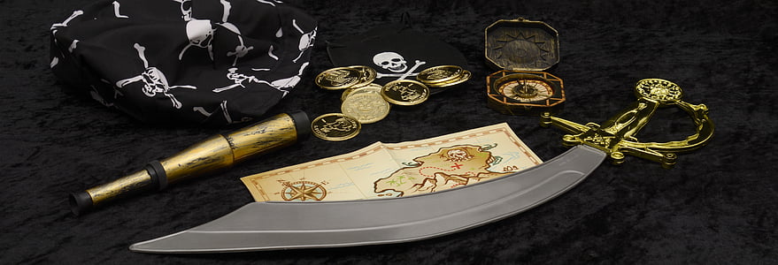 piratai, teleskopas, lobių žemėlapį, kalavijas, lobis, monetos, kompasas