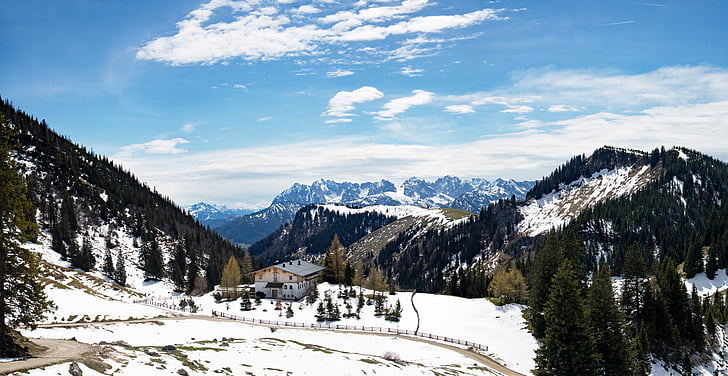 Alpine, pegunungan, Panorama, Alm, pemandangan, salju, biru putih