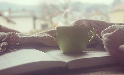 green, ceramic, cup, opened, book, coffee, tea