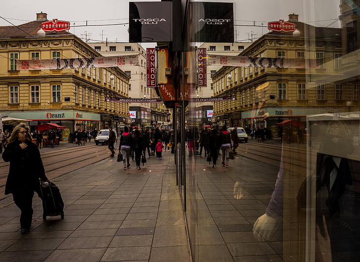 reflection, city, rush hour, store, zagreb, croatia