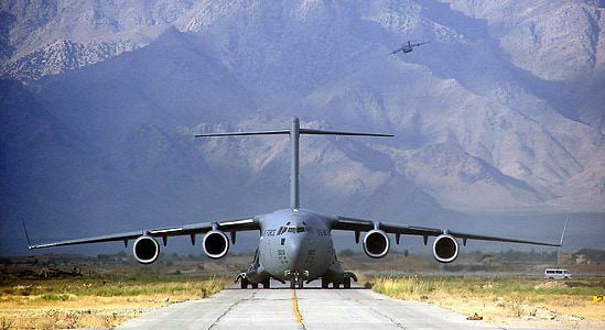 military cargo plane takeoff, runway, mountains, c-17, usa, aviation, transport