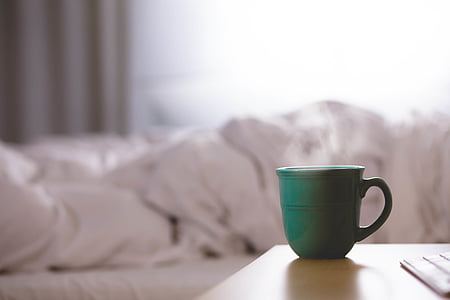 pat, dormitor, mic dejun, cafea, Cupa, băutură, fierbinte