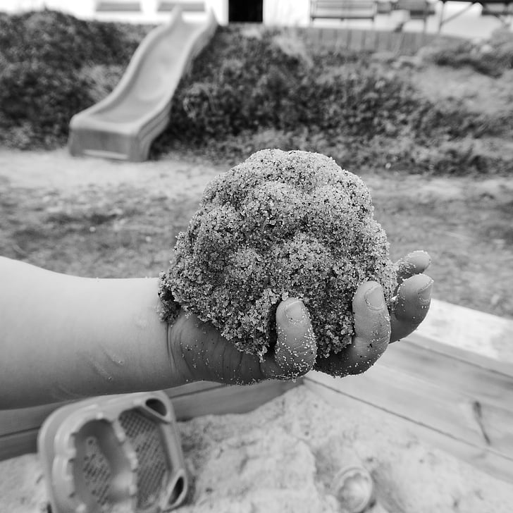 child, hand, sand, sand cake, child's hand, play, playground