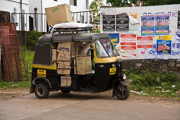 Índia, Kerala, tráfego, transportes, Tuktuk
