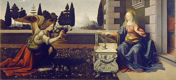 the annunciation, leonardo da vinci, virgin mary, angel gabriel, 1472-1475, annunciation, art project