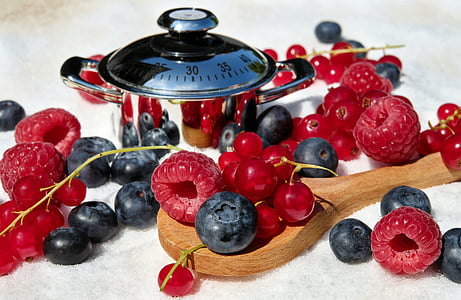 berries, mixed, raspberries, blueberries, currants, fruit, fruits