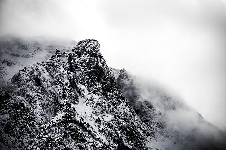 mountain, snow, snow capped, fog, foggy, mountain landscape, rock